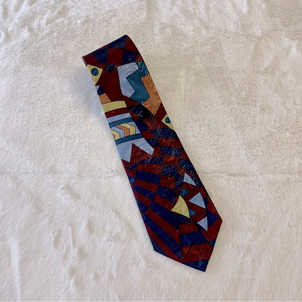 Etienne Aigner abstract geometric silk neck tie, burgundy, blue, gold
